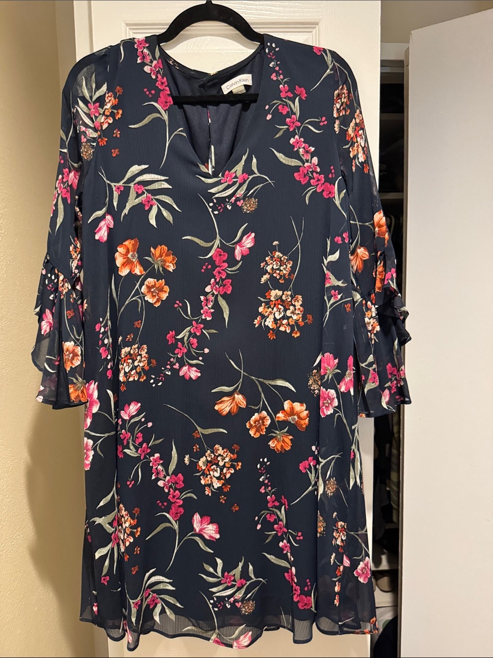 Calvin Klein Navy Floral Bell-Sleeve Tunic Dress